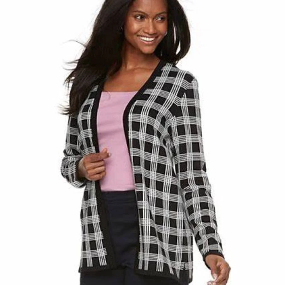 Croft and Barrow Open Front Black and White Cardigan Sz PM